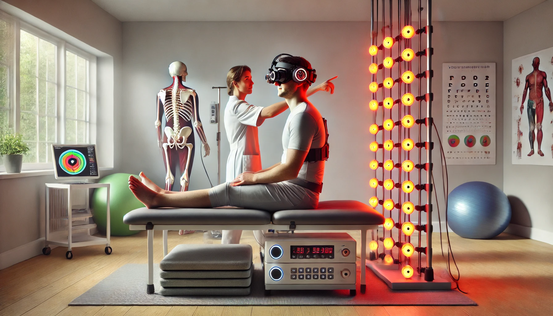 A physical therapist treating a patient with vertigo using infrared video goggles